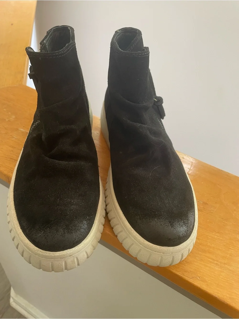 Sofft Black Suede Ankle Booties with Cream Platform Sole